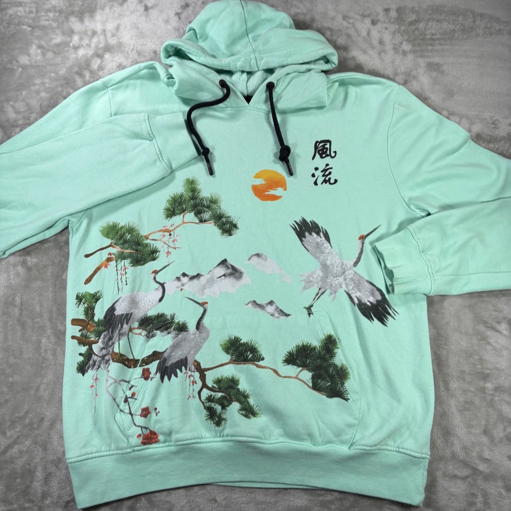 Upstanders Limited Edition Mint Green Japanese Crane Graphic Hoodie Mens XL